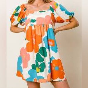 NWOT BiBi Bright Abstract Floral Print Puff Sleeve Dress